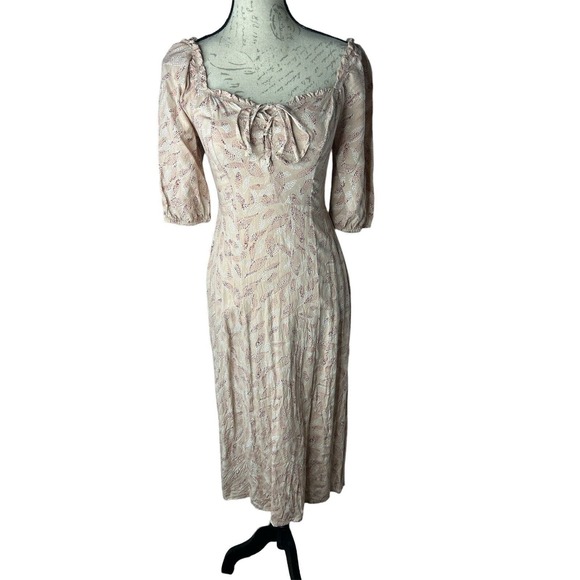 Sincerely Jules Midi Dress Cottagecore Smocked Blush Pink Lace Up Puff Sleeve S‎ - Picture 1 of 8